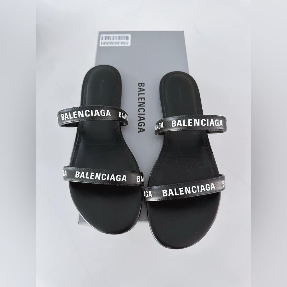 AUTHENTIC Balenciaga Black Leather Double Logo Strap Sandals